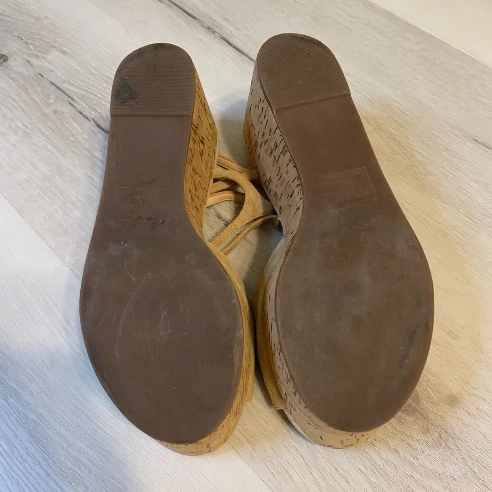 SCHUTZ Tan Cork and Suede Ankle Strap Platform Sandal, Size 8.5B